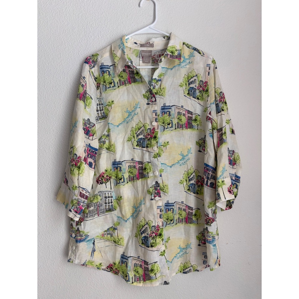 Chicos No Iron Linen Blend Coastal Town Print Button Down Shirt Size 2 Large‎